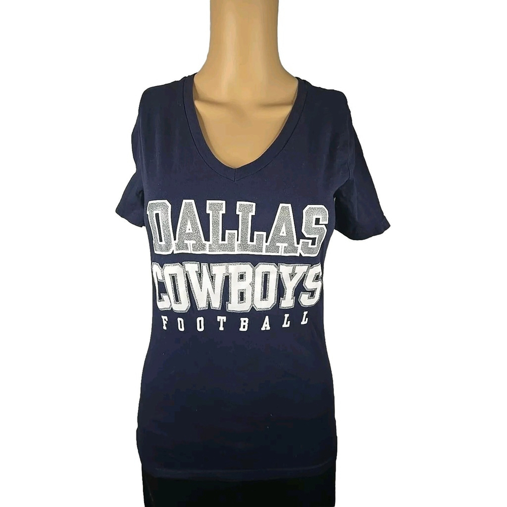 Dallas Cowboys Her Style Women's Navy Team Glitter V-Neck T-Shirt Size Small